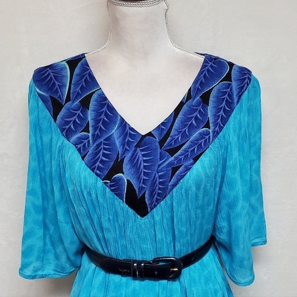 VINTAGE Aqua Blue Tropical Palm Leaf Flutter Sleeve Belted Pocket Dress Mumu - Picture 5 of 15